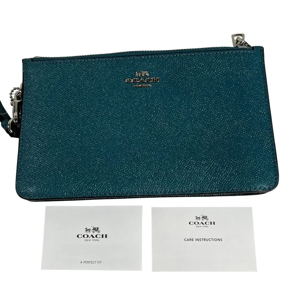 COACH Crosby Clutch Wristlet Dark Teal Glitter Crossgrain Leather F21020 NWT